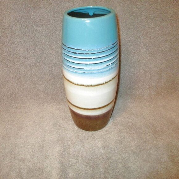 Decorative Swirl Striped Tall Vase Blue Cream Brown Glazed Ceramic Art Pottery - Picture 1 of 7
